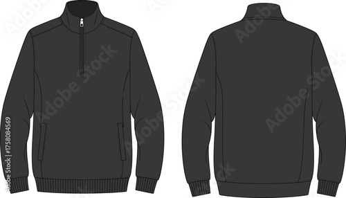 Black half zip sweatshirt flat sketch front and back view, pullover mockup, casual fashion CAD drawing, unisex apparel design template