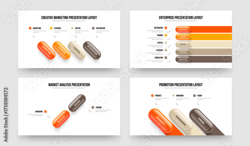 Corporate Analysis Four Five Two Three Element Diagram Presentation Layout Vector Illustration Bundle. Service Innovation 4 5 2 3 Option Infographic Slide Template Collection.