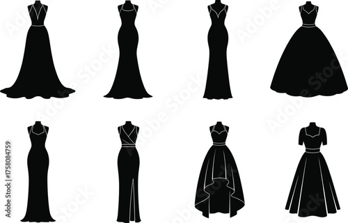 Evening gown silhouettes, black and white fashion illustration, formal dress styles, elegant clothing design, mannequin display, couture, template, stylish wear