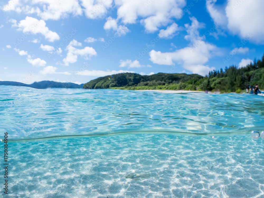 Fototapeta premium 安室島の白砂ビーチの半水面撮影。観光客やパラソル、テントが見える。美しいサンゴ礁と熱帯魚の群れ。 安室島沖縄県 島尻郡慶良間諸島座間味島-2025 サンゴの産卵があり卵が漂う。沖縄本島から40km西方の諸島。30以上の島嶼群全体が国立公園に指定。珊瑚礁の青い海と白い砂浜は世界屈指の美。貴重な動植物が多数生息。 