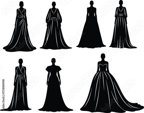 Elegant dress silhouettes, black and white fashion illustration, formal gown styles, mannequin display, evening wear design, stylish clothing, couture, template