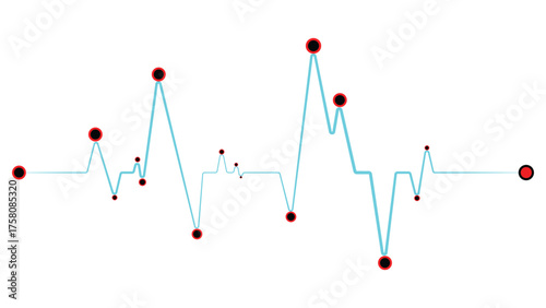 Dynamic electrocardiogram waveform with bold markers representing heartbeats and data points, ideal for medical or technology concepts.