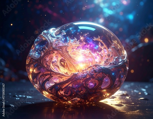 Orb filled with swirling light and colors, resting on a dark surface