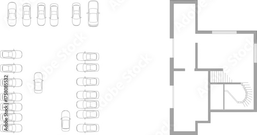 Architectural floor plan with car parking layout, building blueprint top view, modern architecture drawing, CAD vector illustration, flat technical design