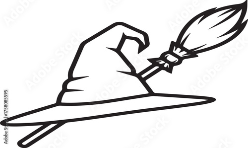 A whimsical hand drawn outline illustration of a classic witch hat with a buckle and a broomstick flying together isolated on white background.