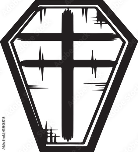A stylized black coffin with a cross symbol painted on its surface presented as a graphic illustration isolated on white background.