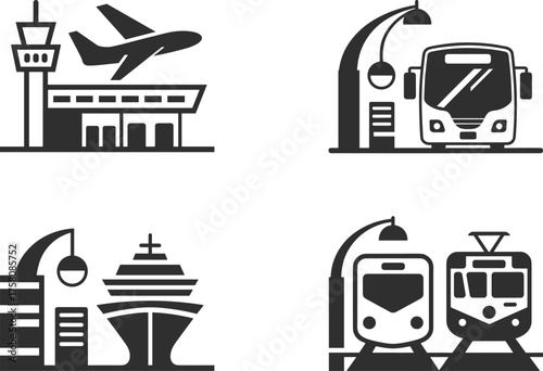 Set of black transport icons showing airport, bus station, train station, and seaport, representing modern global transportation network