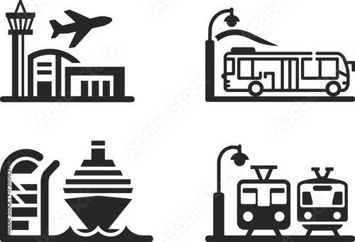 Set of black transport icons showing airport, bus station, train station, and seaport, representing global public transportation infrastructure
