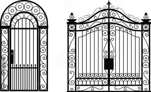 Decorative wrought iron gate and door illustration, vintage metalwork design, ornamental garden entrance, elegant classic architecture pattern, black ornamental fence flat vector