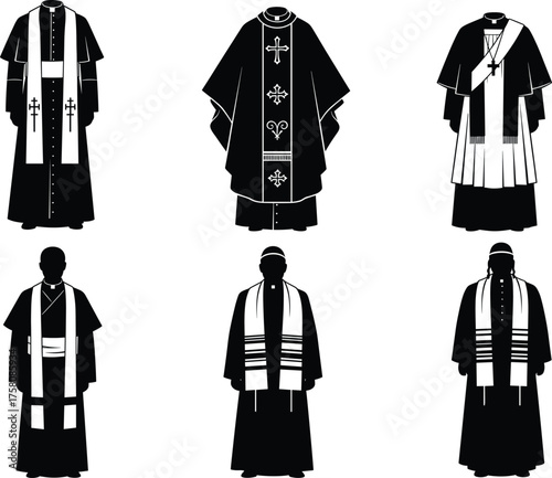 Christian clerical vestments illustration, religious garments, priest robes, liturgical attire, black and white drawing, church clothing, faith, worship, tradition