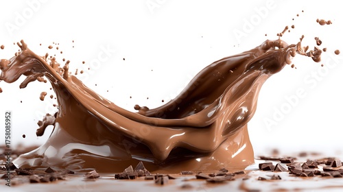 Nice photo of chocolate splash isolated on white background with pieces of chocolate