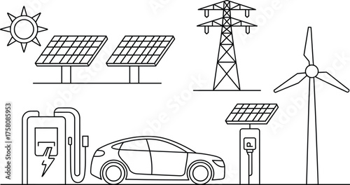 Electric car charging with renewable energy, solar panels and wind turbine power generation, clean electricity concept, sustainable transport technology flat vector