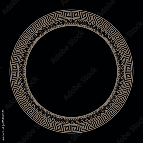 Greek circle frame. Round frame with Greek ornament. Circle porcelain plate with arabesques, floral ornament. Greek key, floral meander. Patterns of Greece, ancient Rome. 