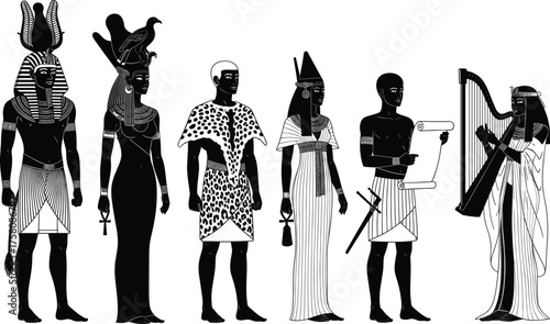 Ancient Egyptian character illustration, pharaoh, goddess, priest, scribe, musician, traditional attire, cultural roles, historical costume, black silhouette, heritage art