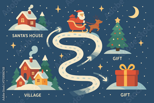 Santa Claus driving sleigh with dog through snowy village at night  