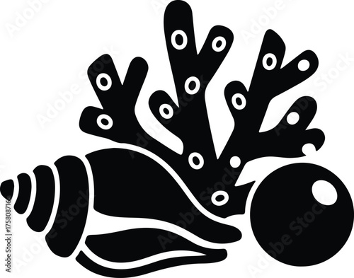 Vector Seashell coral and pearl black and white silhouette illustration