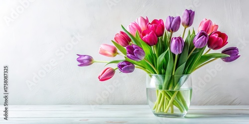 A vibrant bouquet of pink and purple tulips arranged in a clear glass vase, sitting on a white wooden surface against a textured white background.