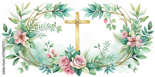 Elegant Floral Cross Wreath Design with Delicate Pink Roses and Lush Greenery