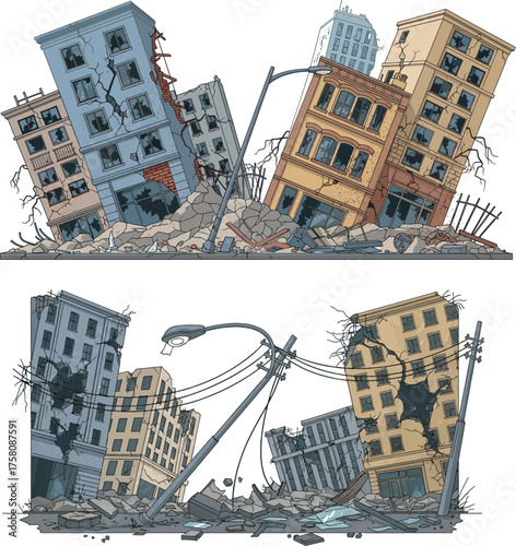 Destroyed city buildings with cracked walls and piles of rubble - urban disaster aftermath