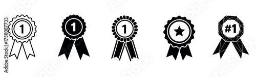 Modern minimalist black linear badge or achievement icon isolated on white background.