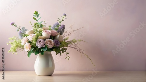 A delicate arrangement of pastel roses and wildflowers in a simple, elegant vase, against a soft pink backdrop