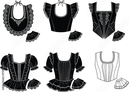 Victorian corset illustration, fantasy bodice sketch, gothic fashion design, lace trim details, puffed sleeves, historical costume template, embroidery concept