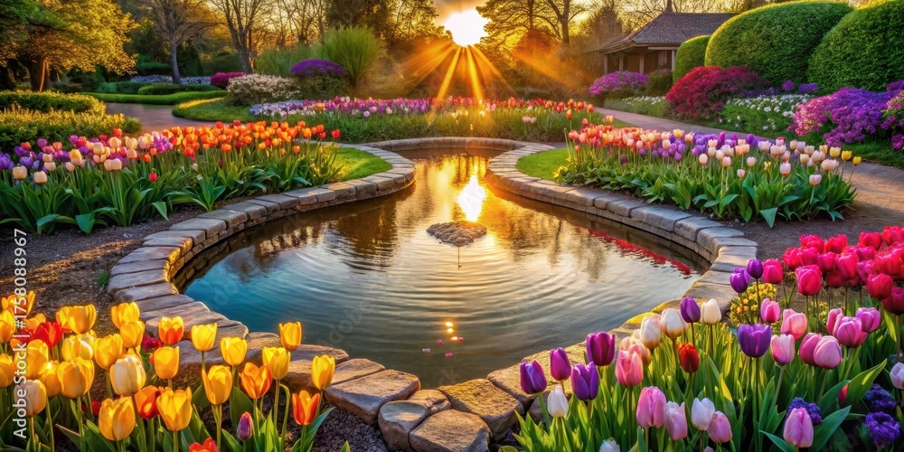 Fototapeta premium Serene Sunset Garden with Colorful Tulips Blooming Around a Reflective Pond