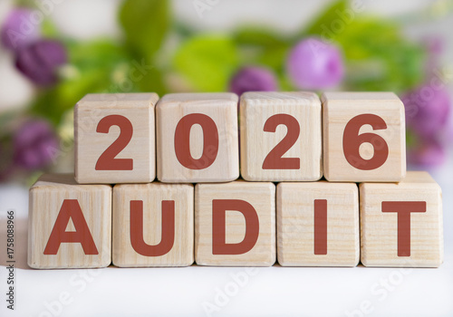 Numbers 2026 and text Audit on cubes a plant in the background