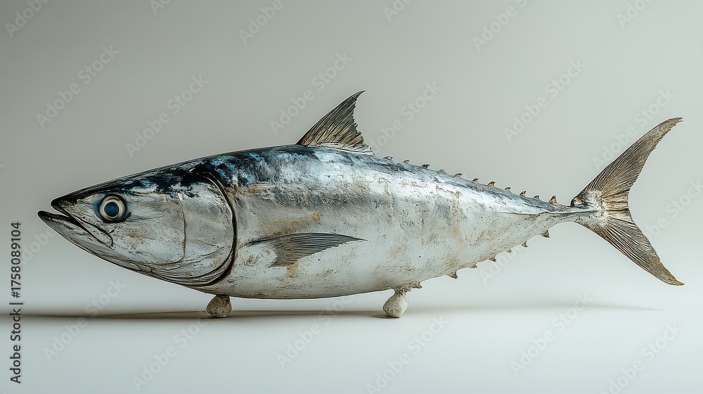 Naklejka premium Close-up of a single, silvery fish with dark stripes, displayed on a white background.