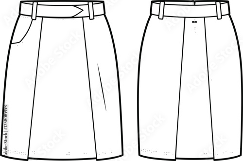 Cad drawing flat vector illustration, pleated skirt fashion sketch, front and back view, garment design template, clothing mockup, apparel blueprint
