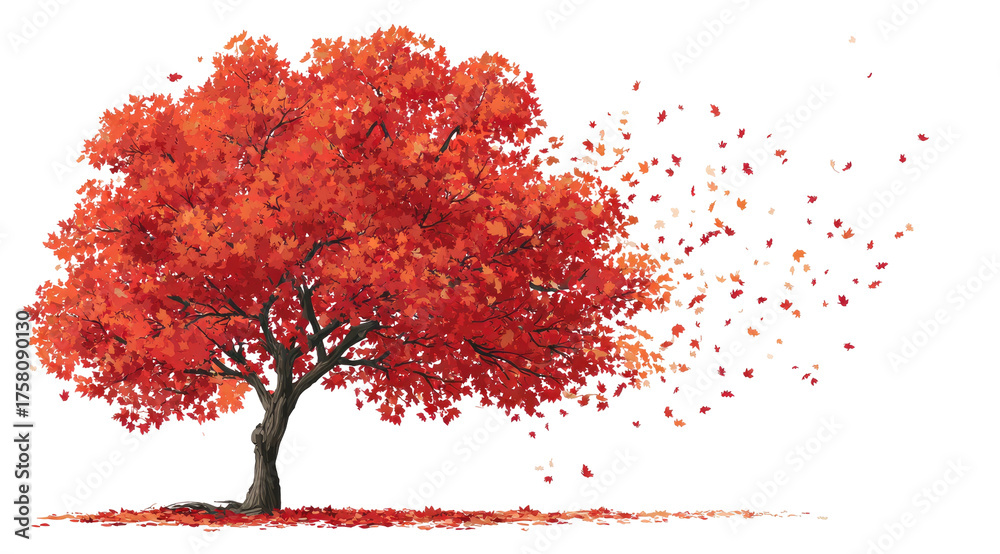 Fototapeta premium A vibrant red autumn tree with falling leaves
