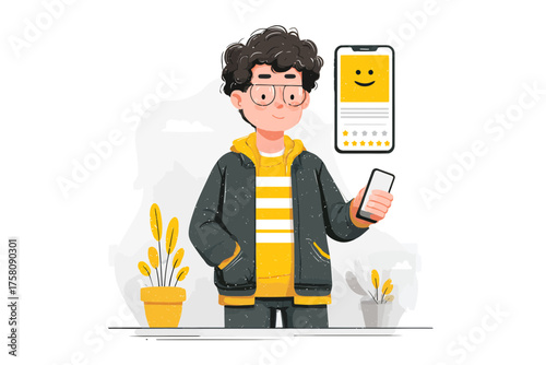 Modern flat style illustration of a young man using smartphone, social media concept, yellow and grey tones, for blogs and websites.