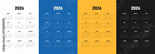 2026 Calendar - vector illustration. Week starts on Monday. Calendar Set for 2026 year. Calendar 2026 week start Monday corporate design template vector. Desk calendar 2026.