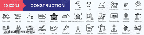 Construction icon set. Containing Hammer, Drill, Saw, Concrete Mixer, Steel Beam, Safety Helmet, Cement Truck, Power Drill, Hard Hat