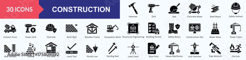 Construction icon set. Containing Hammer, Drill, Saw, Concrete Mixer, Steel Beam, Safety Helmet, Cement Truck, Power Drill, Hard Hat