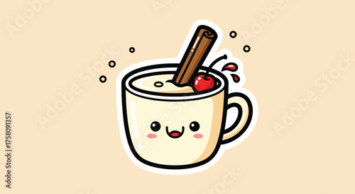 Cute cartoon cup of eggnog smiles sweetly with a cinnamon stick and cherry garnish on a light beige surface, radiating holiday cheer and warmth.