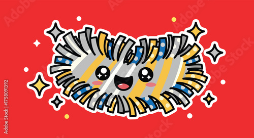 Cute party streamer smiles on a bright red surface, surrounded by sparkles, creating a fun and festive atmosphere.