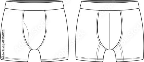 Cad drawing flat vector illustration, boxer briefs fashion sketch, front view underwear design, garment template, clothing mockup, apparel blueprint