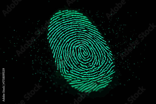 Glowing teal fingerprint scan on black background, digital security concept for identity verification, data protection, and cybersecurity applications.