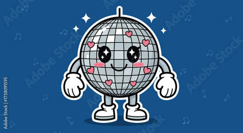 Cute disco ball character smiles with hearts on its surface against a blue backdrop, radiating a cheerful and playful atmosphere.