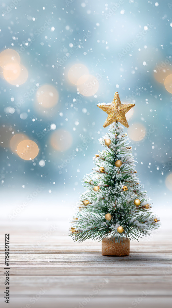 Obraz premium Snowflakes falling gently on a decorated Christmas tree with a gold star and warm bokeh lights on a wooden table