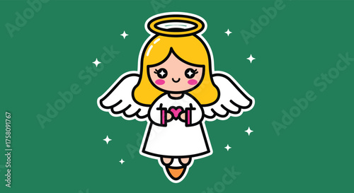 Cute angel holding a pink heart floats peacefully against a green backdrop, radiating love and serenity in a whimsical, cartoonish style.