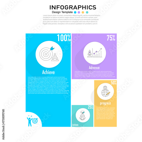 Modern vector infographic template showing four steps of business success, goals, and progress with percentage data.