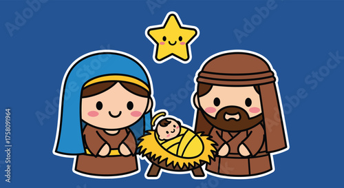 Cartoon nativity scene depicting mary, joseph, and baby jesus in a manger under a shining star, conveying the christmas story with a joyful and peaceful mood.