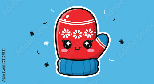 Cute mitten with floral pattern smiles warmly on a bright blue winter day, radiating cozy and cheerful vibes during the holiday season.