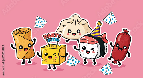 Cute cartoon food characters celebrating at a party with confetti on a pink table, creating a joyful and whimsical atmosphere.
