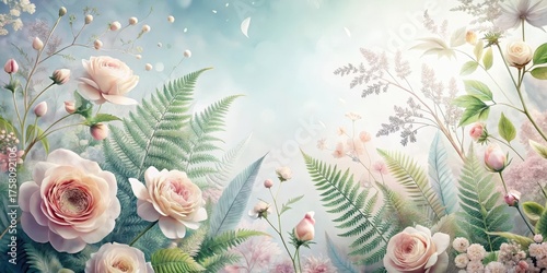 A Serene Garden of Delicate Pastel Roses and Lush Ferns, a Breathtaking Floral Tapestry of Soft Hues and Gentle Textures, Evoking Tranquility and Natural Beauty