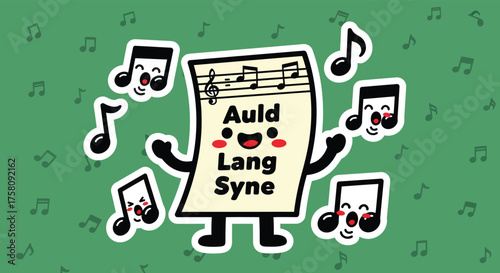 Cartoon sheet music character cheerfully presents the song Auld Lang Syne surrounded by musical notes on a green backdrop, evoking a festive and joyful mood.