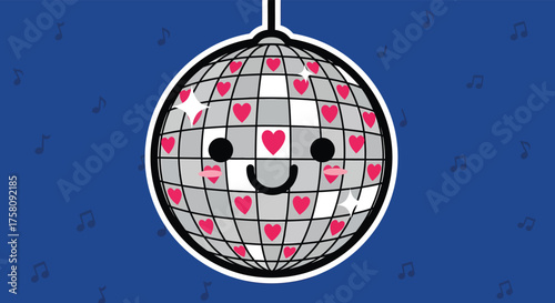 Cute disco ball smiles happily against a blue backdrop filled with musical notes, radiating a fun and cheerful vibe.