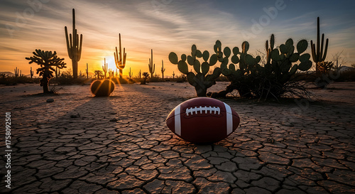 An american football sits in the desert at sunset with cacti in the background